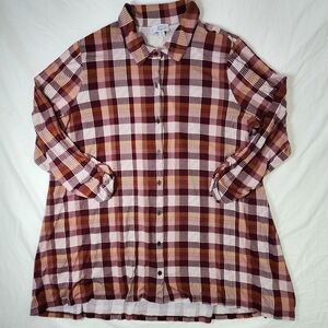 Kim Rogers Womens XXL Julianna Tunic Fall Plaid Long Sleeve‎ Shirt Top Red Brown